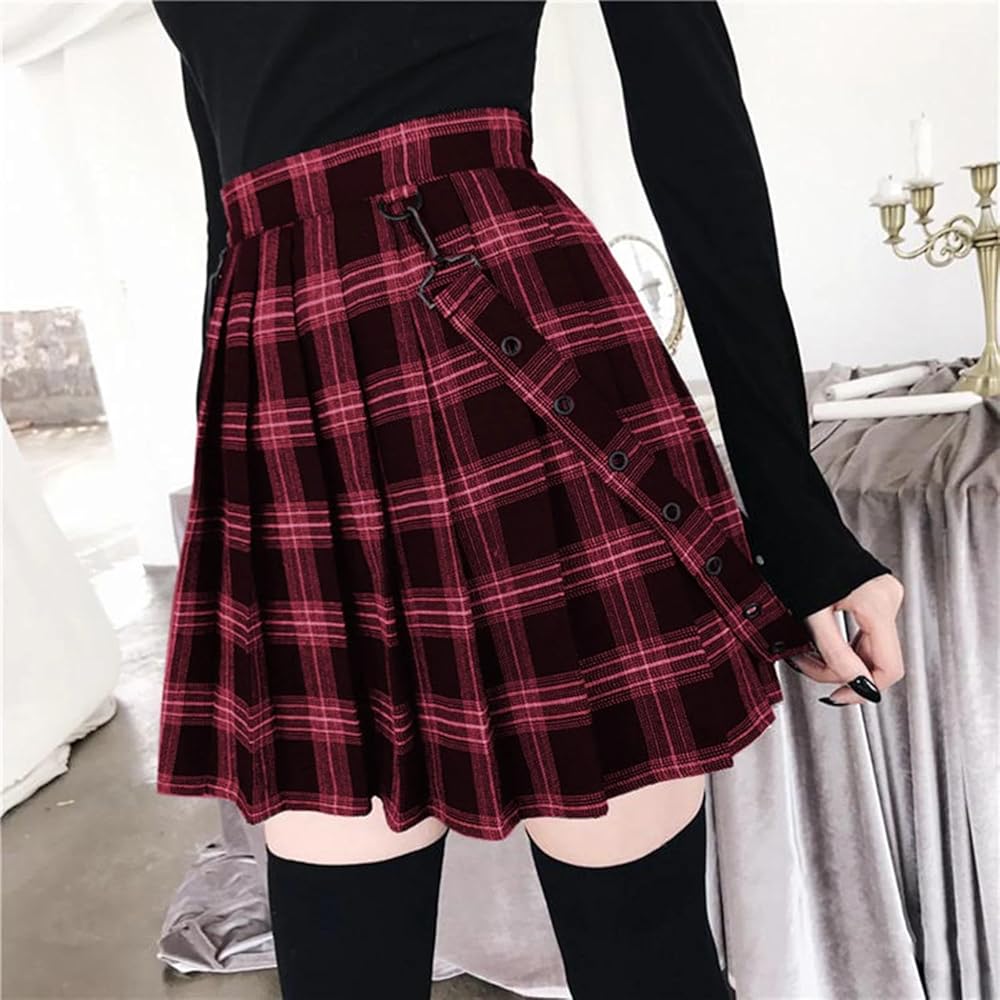 Amazon.com: Gothic Plaid Mini Skirt Women Strap Pleated